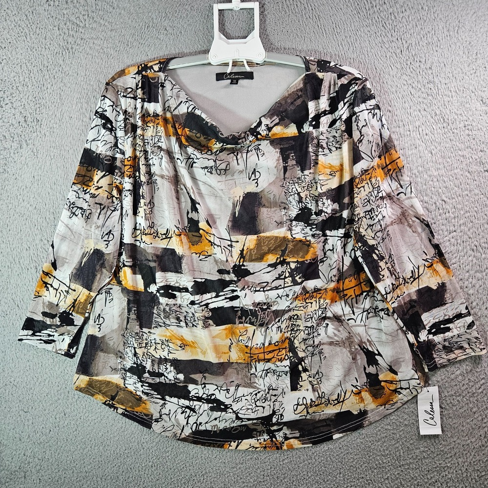 NEW Calessa Top Blouse Women 1X‎ Mesh Stretch Lined Abstract White Black